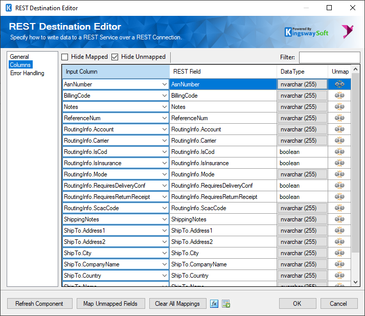 SSIS REST Extensiv Destination - Columns